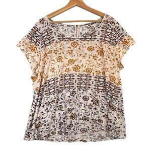 Lucky Brand SIZE XXL Linen Blend Boho S/S Shirt Womens Top Floral Cottage Plus